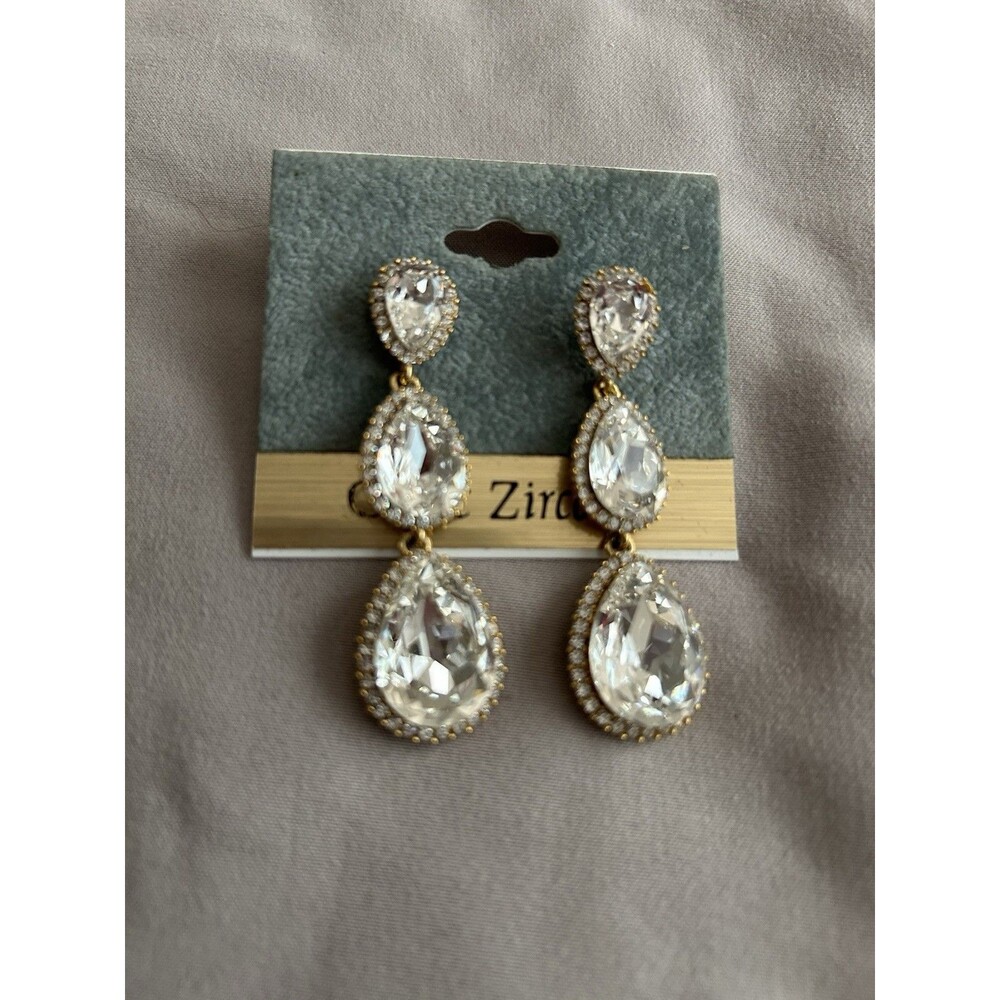 Cubic Zirconia Hanging Earrings Gold Tone Back, New With Tag